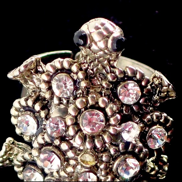 Vintage Ring Crystal Turtle Silver Adjustable Band Size 7 A Statement Piece Rare - Picture 2 of 12